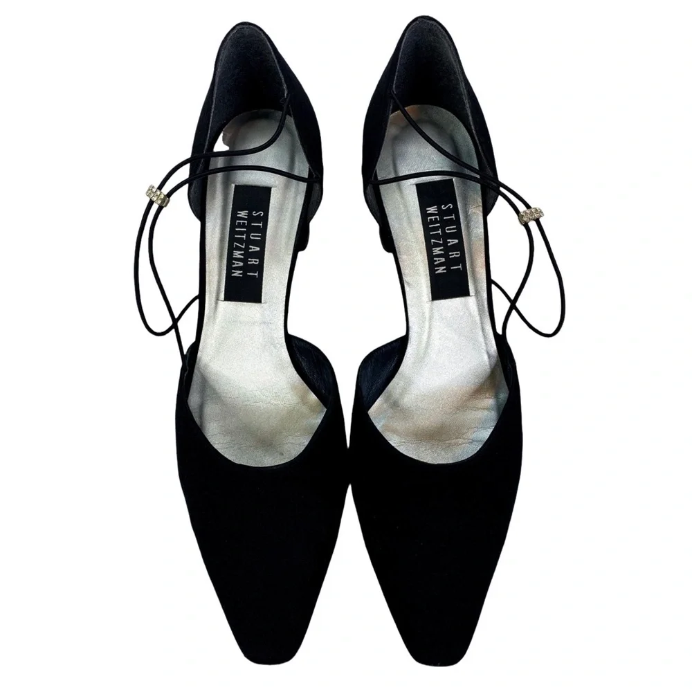 Vintage Stuart Weitzman Black Crystal Embellished D'orsay Style Guipure Heels